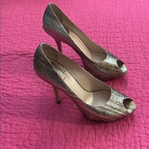 Dior Gold Peep Toe snakeskin Stiletto Heels, US8